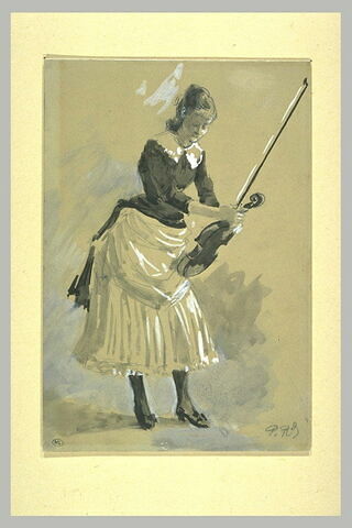 Jeune fille debout, corsage noir et jupe blanche, accordant son violon, image 1/1