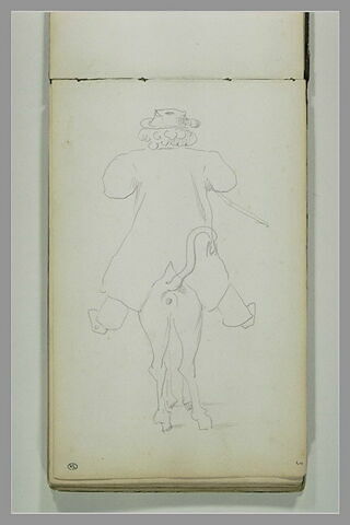 Figure caricaturale d'un homme sur un animal, vu de dos
