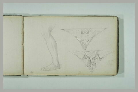 Etude d'une jambe, et deux croquis de motifs d'ornement, image 1/1