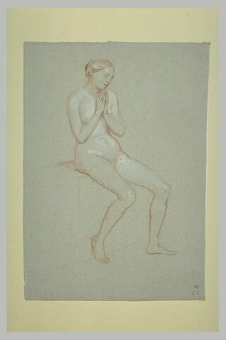 Femme nue, assise, joignant les mains, image 1/1