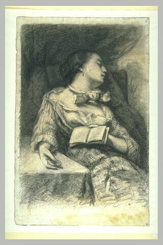 Femme assise, endormie, tenant un livre, la main droite sur une table, image 2/2