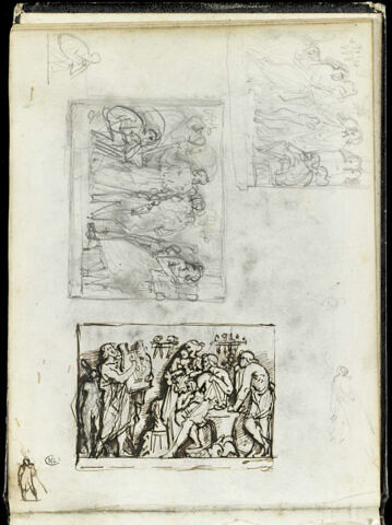 Trois études pour une scène d'après l'antique ; croquis de personnages, image 1/2