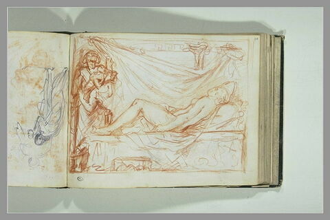 Femme nue, allongée sur un lit, que regardent deux personnages, image 2/2