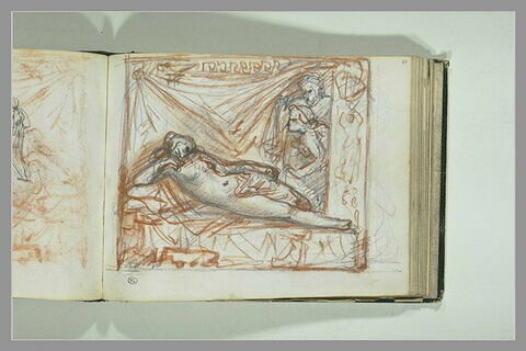 Femme nue, allongée sur un lit, que regardent deux personnages, image 2/2