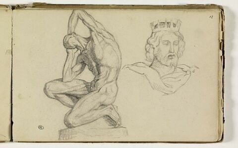 Statue d'homme, un genou à terre ; buste d'homme couronné, image 1/2