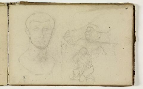 Tête d'homme ; pieds ; figures agenouillée et autres esquisses, image 1/2