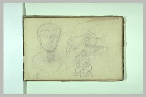 Tête d'homme ; pieds ; figures agenouillée et autres esquisses, image 2/2