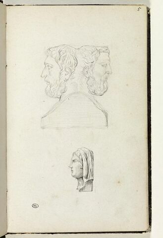 Deux bustes d'homme identiques, accolés dos à dos, et une tête de femme