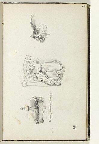 Croquis divers : drakkar, chapiteau figuré et tête de chat, image 1/1