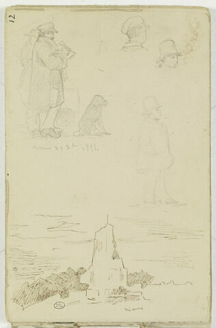 Homme et son chien ; deux têtes ; homme debout ; vue de Nîmes
