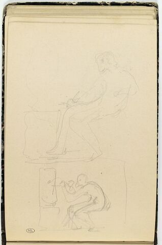 Homme assis, de profil ; homme sculptant un bloc, image 1/2