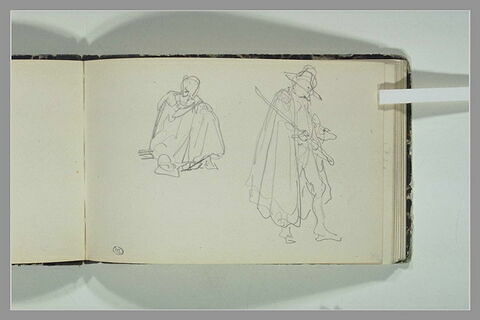 Figure drapée assise ; figure, portant cape et chapeau, debout, image 2/2