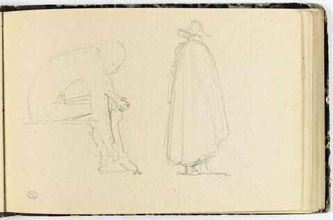 Figure assise se penchant ; figure, portant cape et chapeau, debout, image 1/2