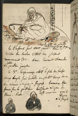 Arabe assis sur un tapis, et deux croquis d'Arabes et notes manuscrites, image 1/1