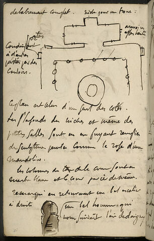 Un plan, et croquis d'une porte donnant sur un escalier et notes manuscrites