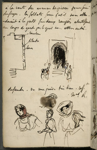 Plan, croquis d'une porte avec plusieurs personnages, croquis de femmes