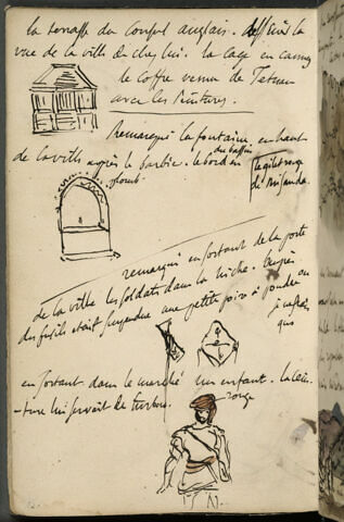 Croquis divers : un coffre, une fontaine, un Arabe et notes manuscrites