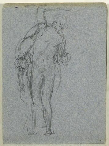 Figure masculine, debout, le bras droit replié au-dessus de la tête, image 1/1