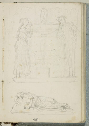 Deux figures, de part et d'autre d'une fontaine, et une figure couchée, image 1/2