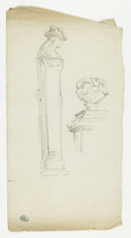 Hermès, vu de profil, le buste tourné vers la droite ; vase sur un piédestal