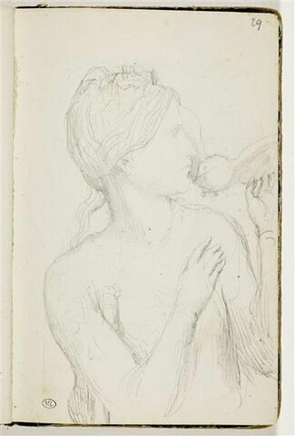 Femme vue à mi-corps, de profil à droite, une colombe au-dessus de l'épaule, image 1/2