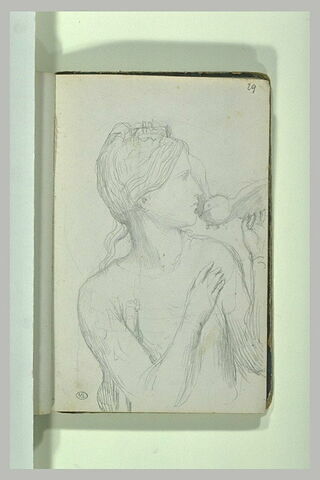Femme vue à mi-corps, de profil à droite, une colombe au-dessus de l'épaule, image 2/2