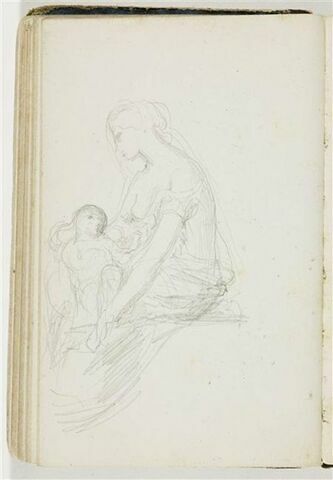Femme assise, à moitié dévêtue, un enfant dans les bras, image 1/2