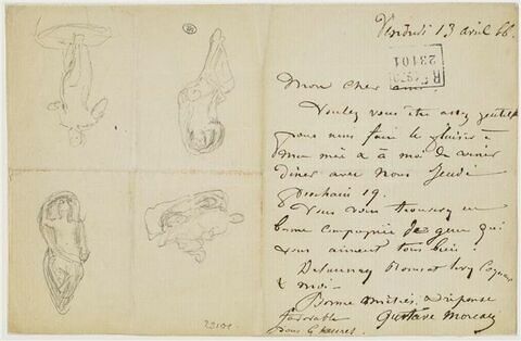 Quatre petits croquis de figures de femmes, sur une lettre de Gustave Moreau