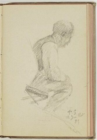 Homme assis sur un tabouret, vu de profil, image 1/1