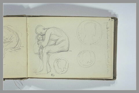 Figure assise, le buste baissé ; trois études de médaillons, image 2/2