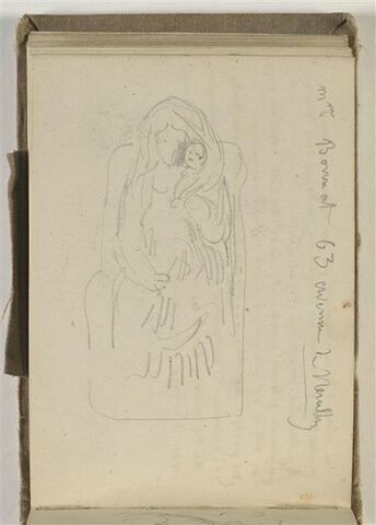 Statue d'une femme assise tenant un enfant ; adresse manuscrite, image 1/2