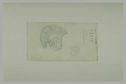 Tête de guerrier antique casqué, et homme en buste, de profil à gauche, image 2/2