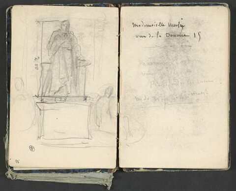 Notes manuscrites ; jambes d'une figure flanquant un monument, image 3/4