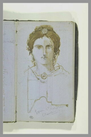 Portrait de femme, de face ; élément d'architecture (?) ; note manuscrite, image 1/1