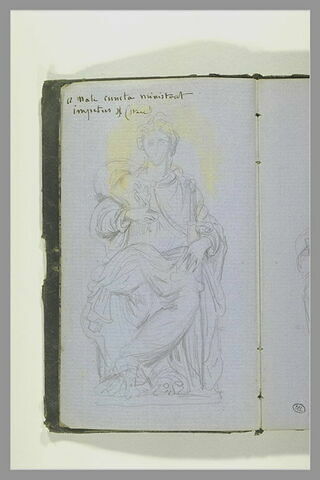 Figure drapée, assise, vue de face ; note manuscrite