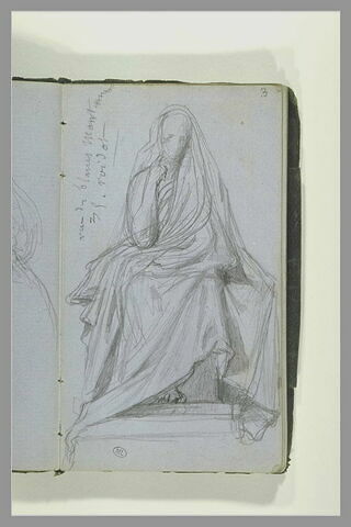 Figure drapée, assise, de face ; note manuscrite