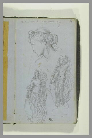 Deux études d'une figure debout ; tête de femme, de profil ; note manuscrite