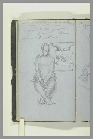 Figure assise, de face, jambes croisées ; socle ou enclume ; note manuscrite