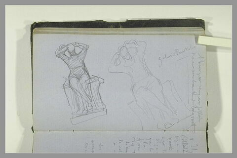 Deux études d'une figure assise, bras levés ; notes manuscrites, image 1/1