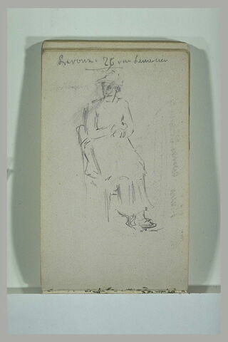 Femme, coiffée d'un chapeau, assise et annotation manuscrite, image 1/1