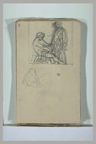 Deux personnages, l'un assis, l'autre debout, et une figure esquissée, image 1/1