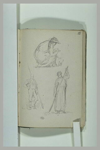 Figure accroupie ; homme debout ; femme debout tenant une fourche, image 1/1