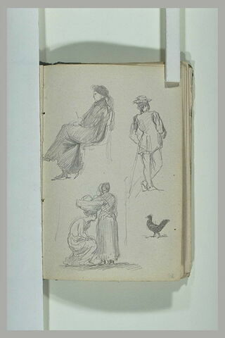 Femme assise ; homme debout de dos ; deux figures ; oiseau