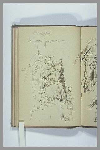 Note manuscrite ; homme assis, tenant une lyre et une figure ailée, image 1/1