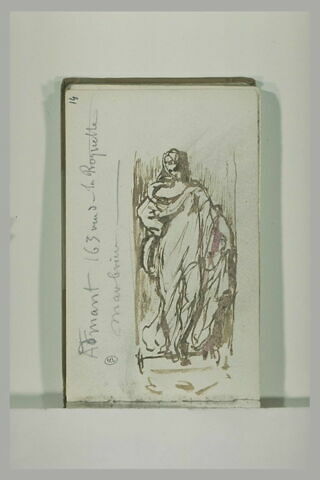 Note manuscrite ; femme drapée, debout, sur un socle, image 1/1
