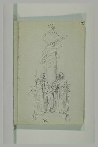 Groupe sculpté avec des figures au pied d'une colonne surmontée d'un buste