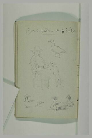 Note manuscrite ; canards et oie ; homme, coiffé d'un chapeau, assis, image 1/1