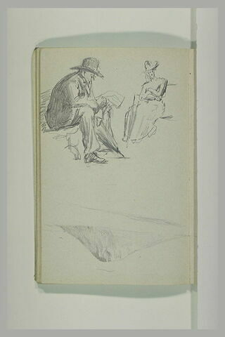 Homme lisant et une femme assis chacun sur un banc ; colline, image 1/1