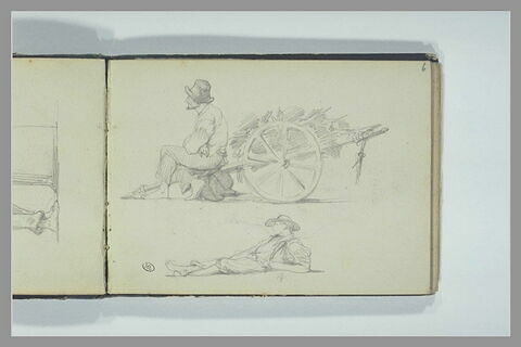 Homme assis sur un charette ; homme allongé sur le sol, image 1/1