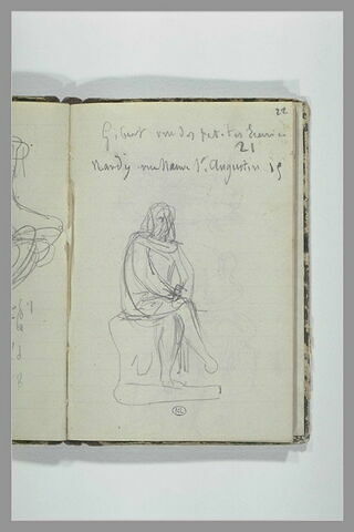 Note manuscrite ; figure assise sur un socle
